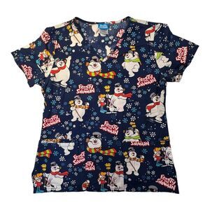 Women’s Frosty The Snowman Scrub Top Xtra Small V-Neck Pockets Blue Snowflakes